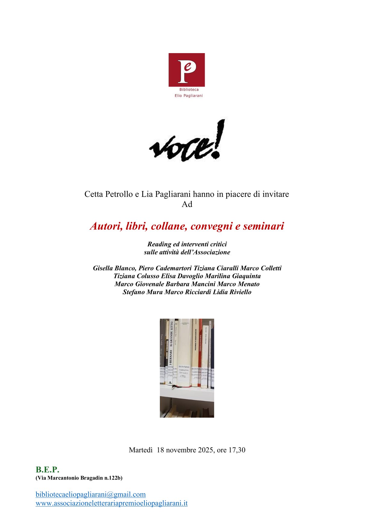 18 novembre 2025 Alla Biblioteca Elio Pagliarani con Cetta Petrollo testimonianze e letture di autori e collaboratori